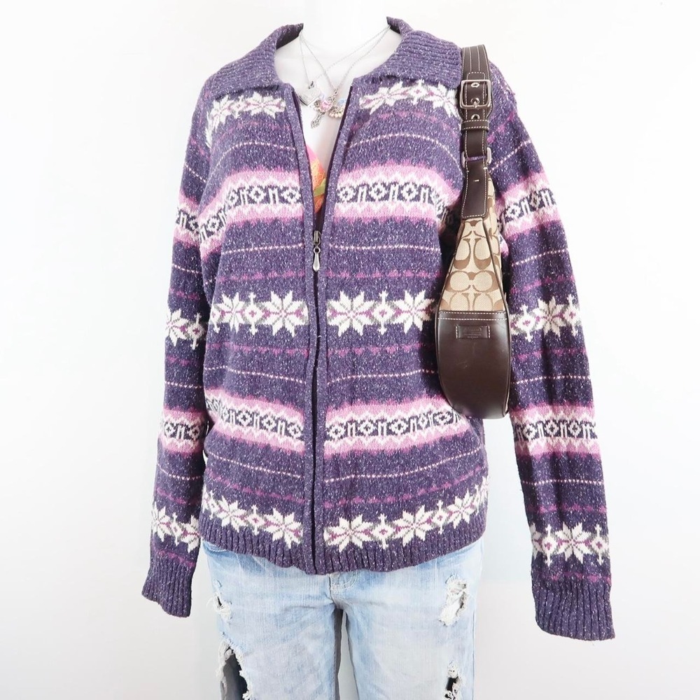 y2k purple pink fair isle zip up sweater